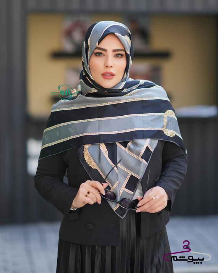 روسری ابریشم ژاکارد طرح کمربندی افقی هرمس مشکی طوسی